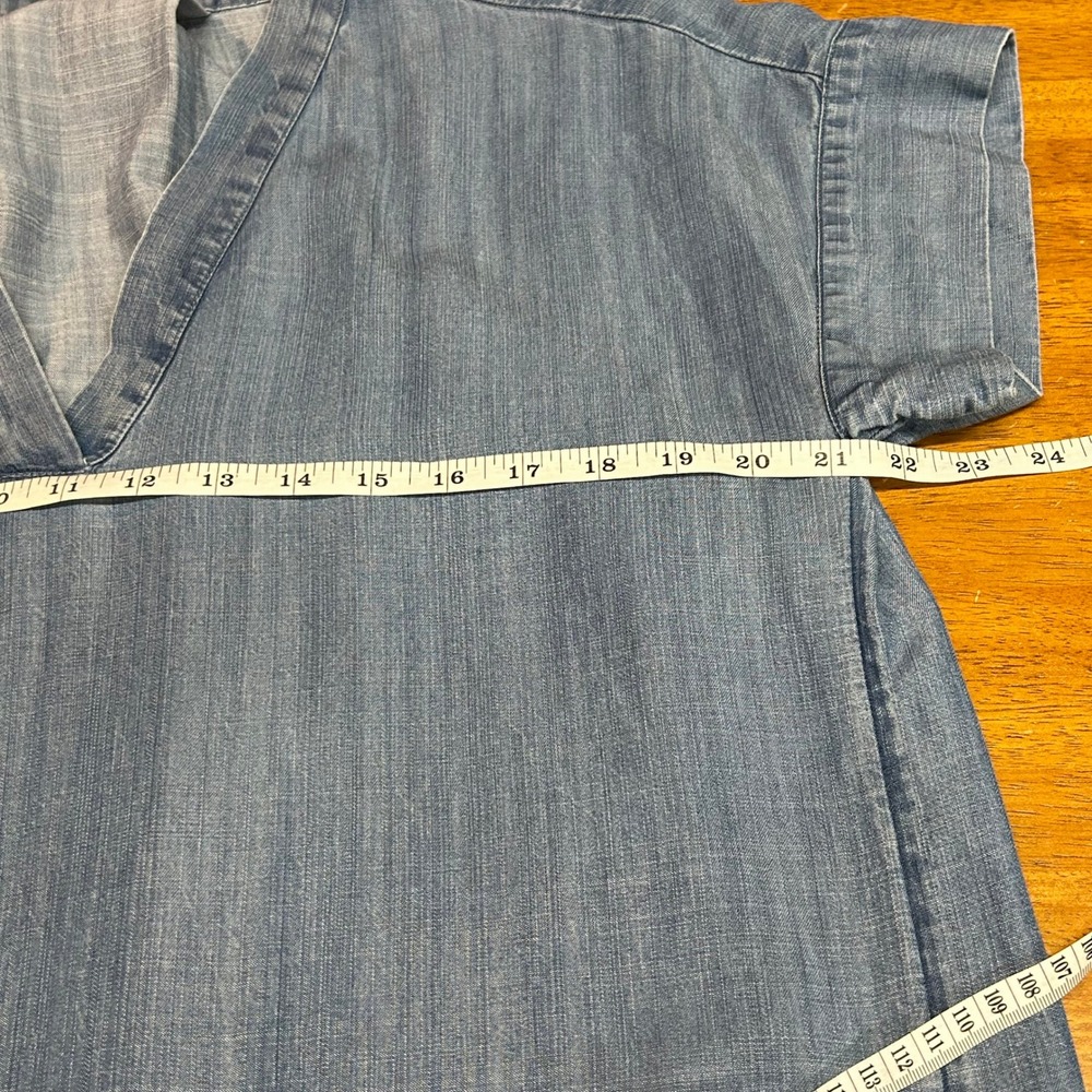 LOFT Outlet Medium Blue Lyocell V-Neck Shift Dress with Pockets Cottagecore - Picture 5 of 11